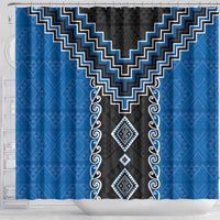 Blue Niho Taniwha Mix Poutama Shower Curtain Unique Taniko Aotearoa