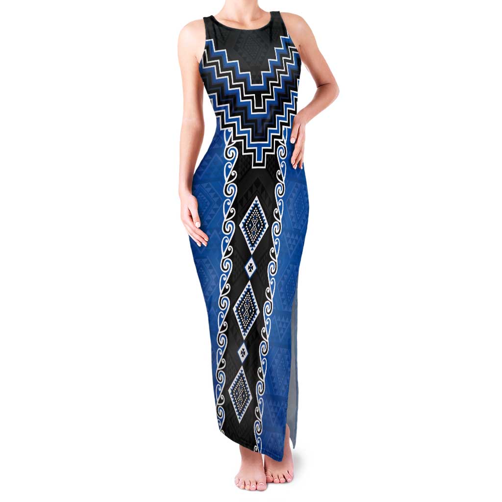Blue Niho Taniwha Mix Poutama Tank Maxi Dress Unique Taniko Aotearoa LT01 Women Blue - Polynesian Pride