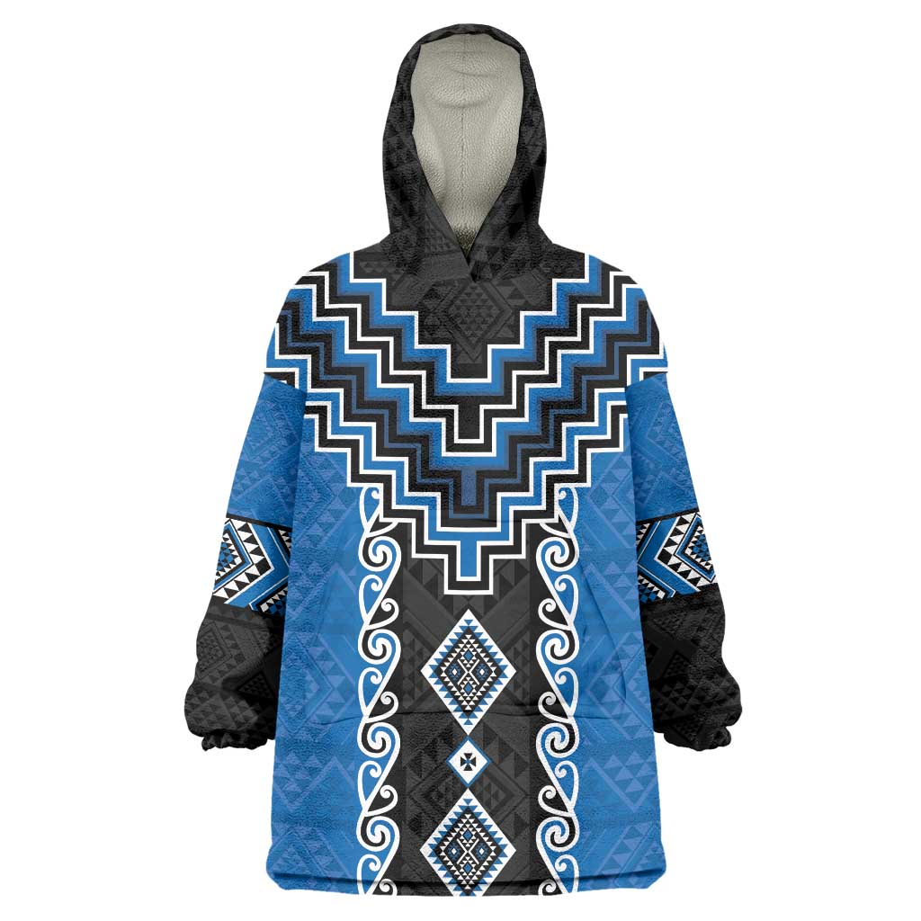 Blue Niho Taniwha Mix Poutama Wearable Blanket Hoodie Unique Taniko Aotearoa LT01 One Size Blue - Polynesian Pride