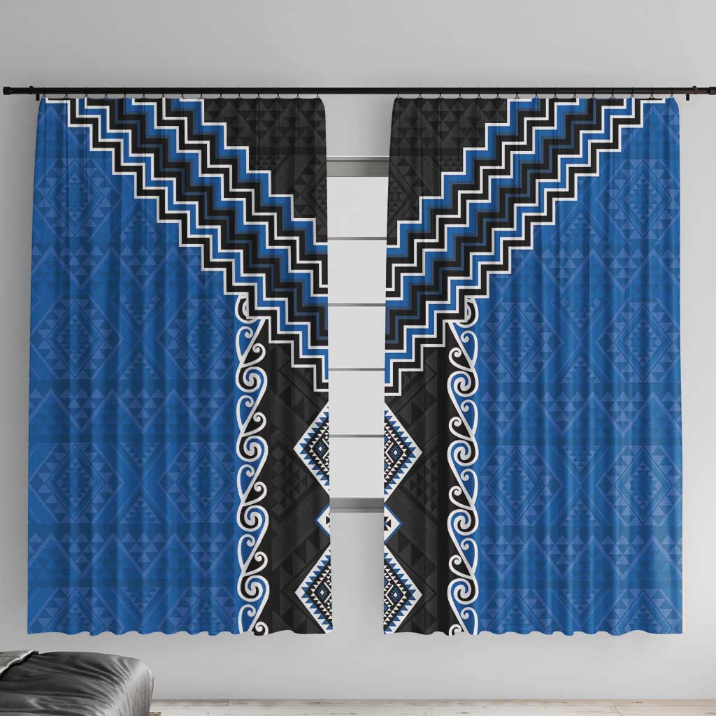 Blue Niho Taniwha Mix Poutama Window Curtain Unique Taniko Aotearoa LT01 With Hooks Blue - Polynesian Pride