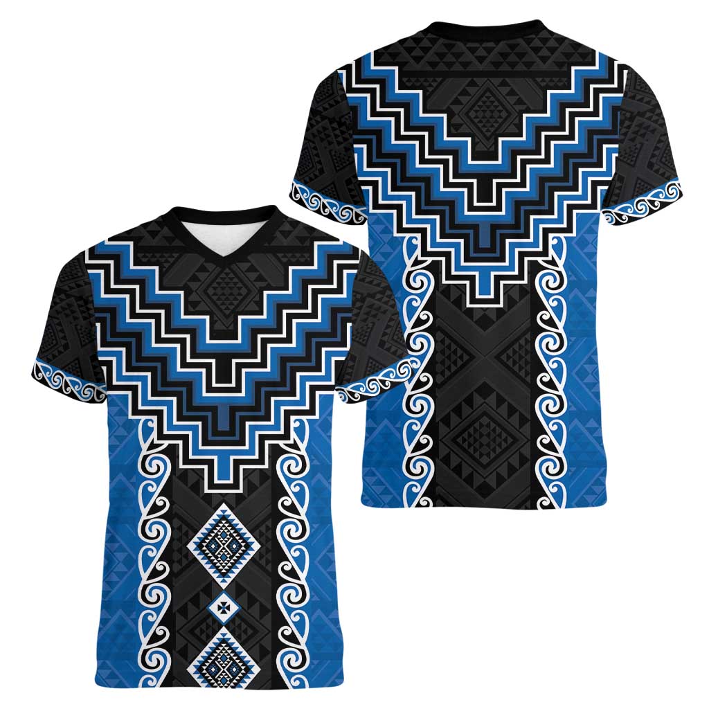 Blue Niho Taniwha Mix Poutama Women V-Neck T-Shirt Unique Taniko Aotearoa LT01 - Polynesian Pride