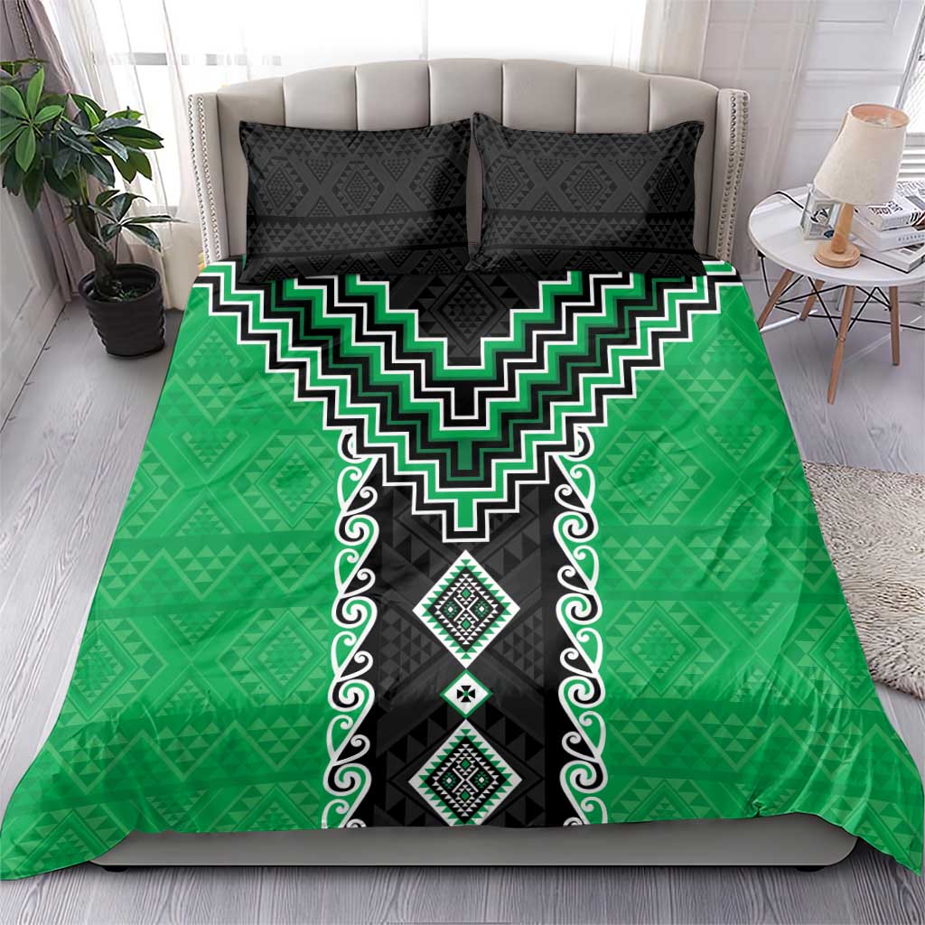 Green Niho Taniwha Mix Poutama Bedding Set Unique Taniko Aotearoa