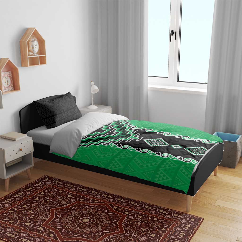 Green Niho Taniwha Mix Poutama Bedding Set Unique Taniko Aotearoa