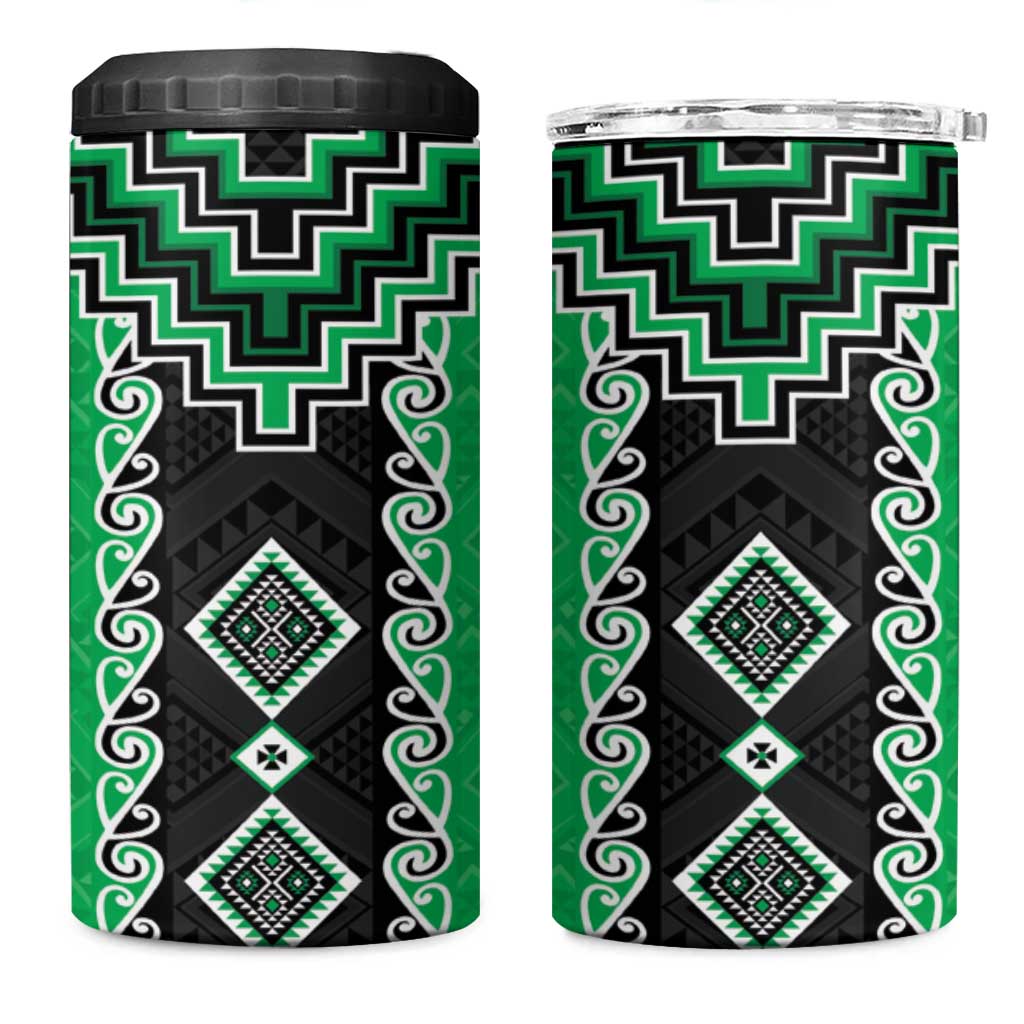 Green Niho Taniwha Mix Poutama 4 in 1 Can Cooler Tumbler Unique Taniko Aotearoa LT01 One Size: 16 oz Green - Polynesian Pride