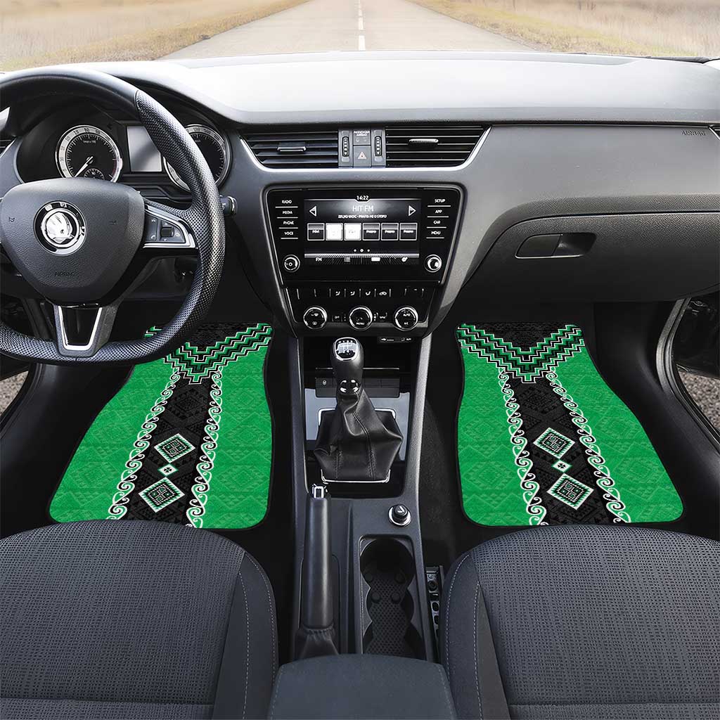 Green Niho Taniwha Mix Poutama Car Mats Unique Taniko Aotearoa LT01 Set 2pcs - Front Green - Polynesian Pride