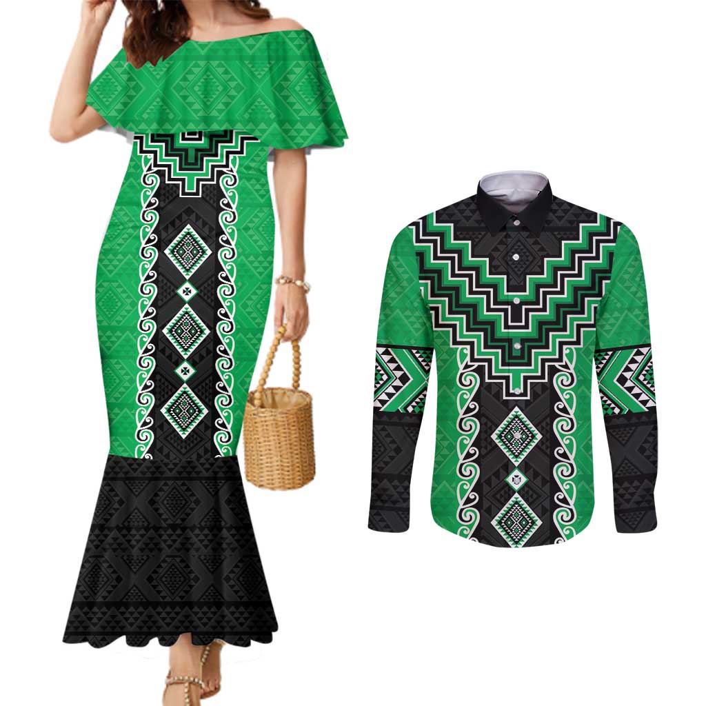 Green Niho Taniwha Mix Poutama Couples Matching Mermaid Dress and Long Sleeve Button Shirt Unique Taniko Aotearoa LT01 Green - Polynesian Pride