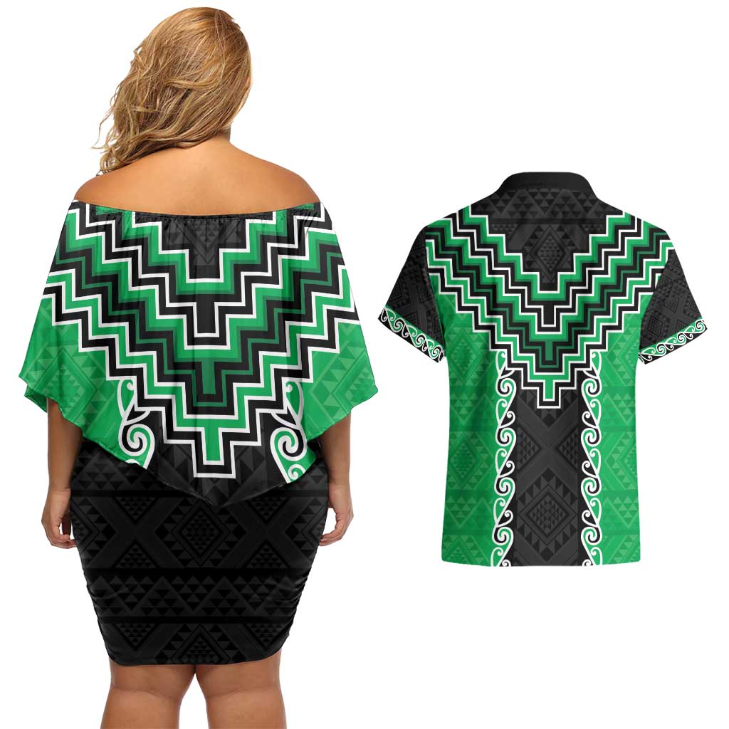 Green Niho Taniwha Mix Poutama Couples Matching Off Shoulder Short Dress and Hawaiian Shirt Unique Taniko Aotearoa