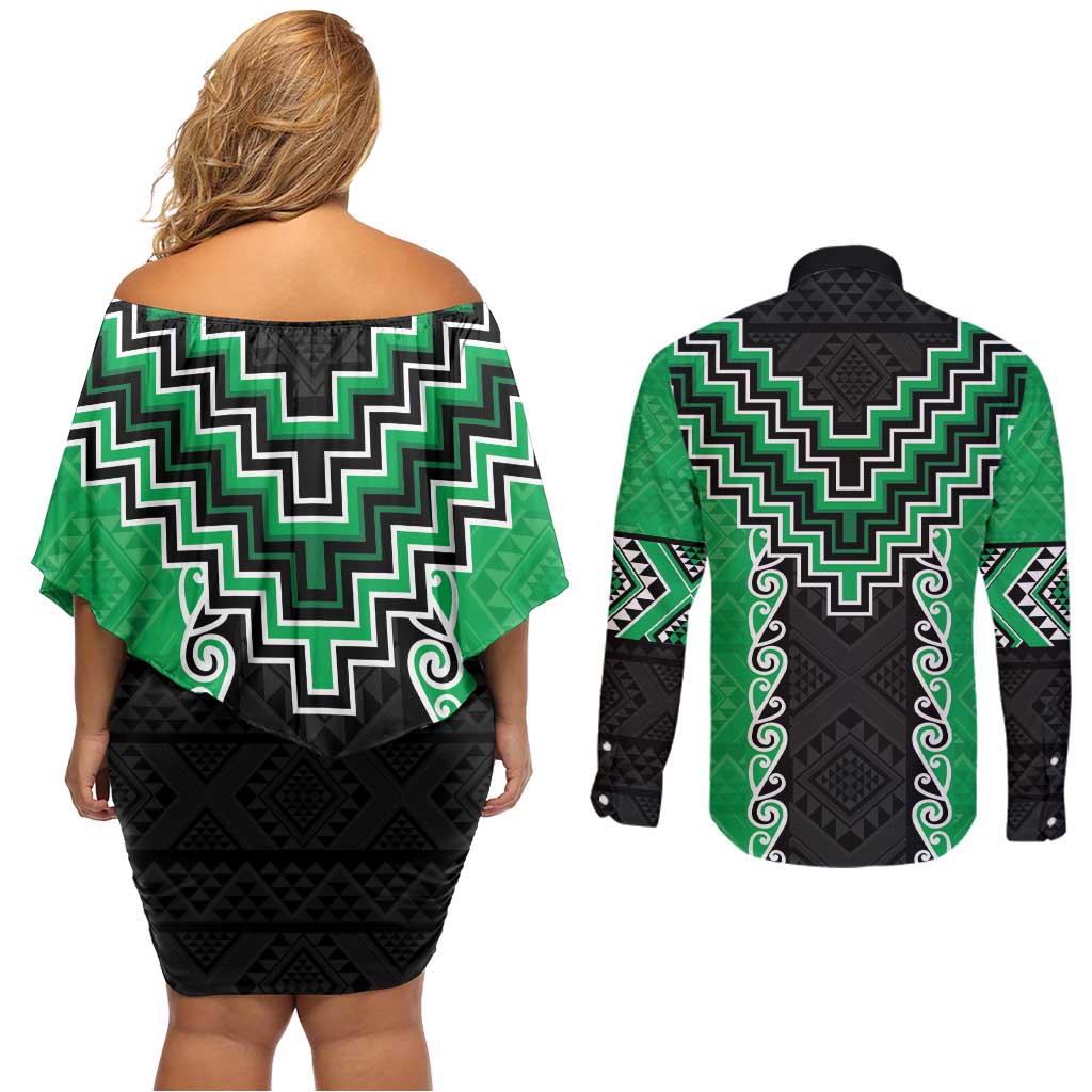 Green Niho Taniwha Mix Poutama Couples Matching Off Shoulder Short Dress and Long Sleeve Button Shirt Unique Taniko Aotearoa
