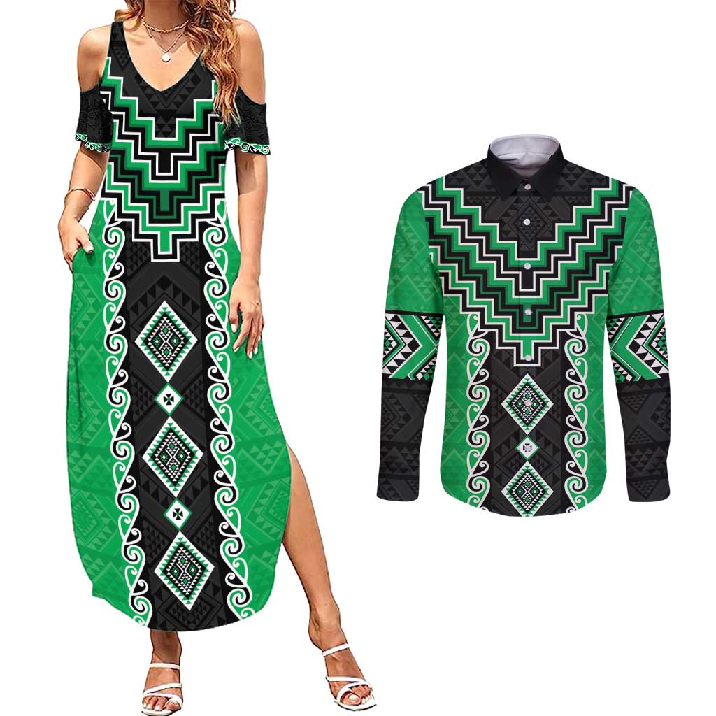 Green Niho Taniwha Mix Poutama Couples Matching Summer Maxi Dress and Long Sleeve Button Shirt Unique Taniko Aotearoa LT01 Green - Polynesian Pride
