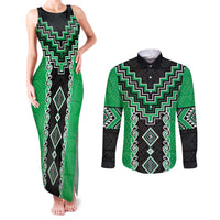 Green Niho Taniwha Mix Poutama Couples Matching Tank Maxi Dress and Long Sleeve Button Shirt Unique Taniko Aotearoa LT01 Green - Polynesian Pride