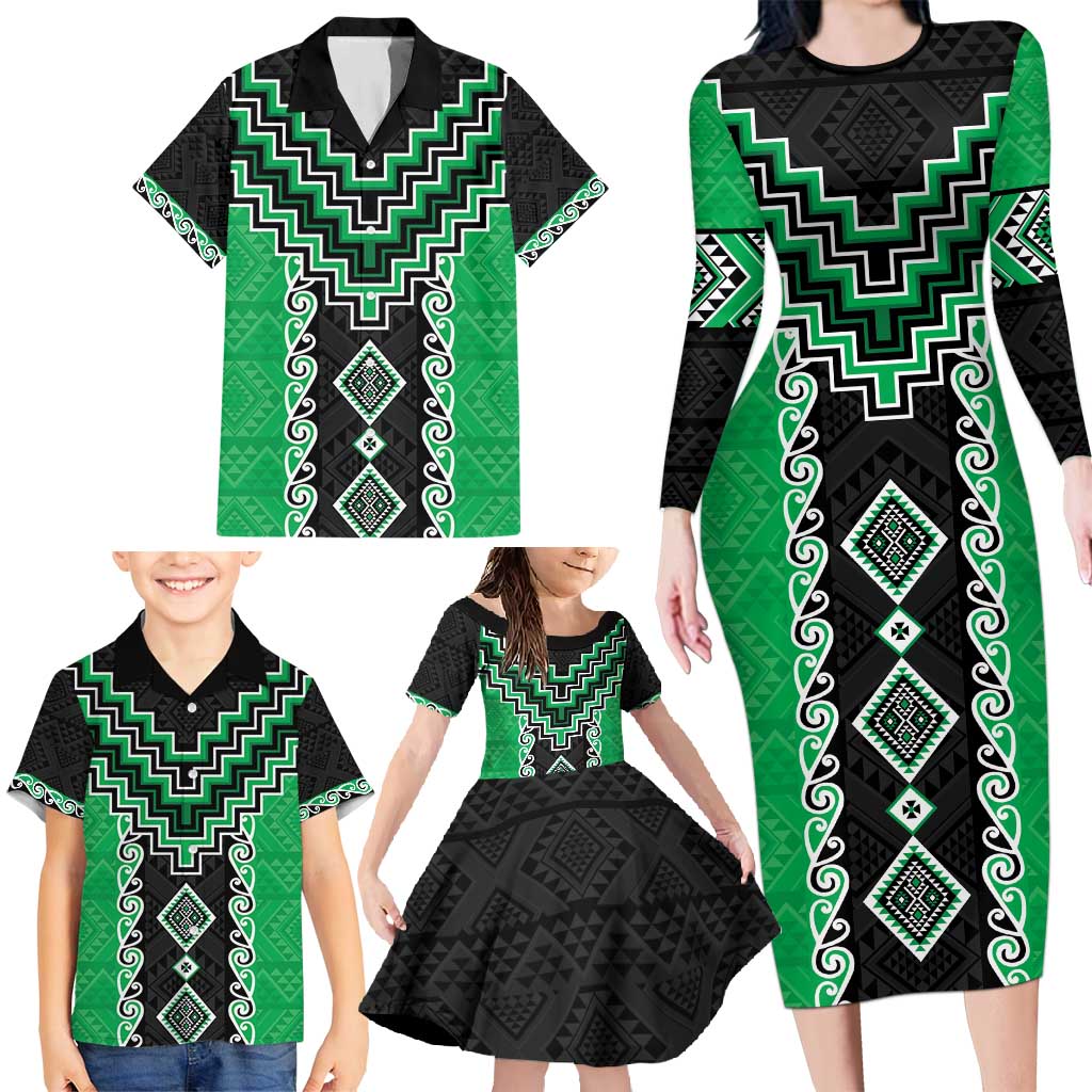 Green Niho Taniwha Mix Poutama Family Matching Long Sleeve Bodycon Dress and Hawaiian Shirt Unique Taniko Aotearoa