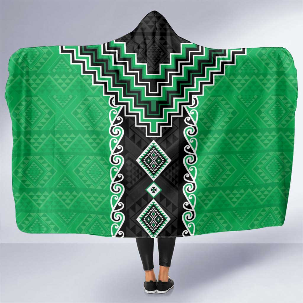 Green Niho Taniwha Mix Poutama Hooded Blanket Unique Taniko Aotearoa LT01 One Size Green - Polynesian Pride