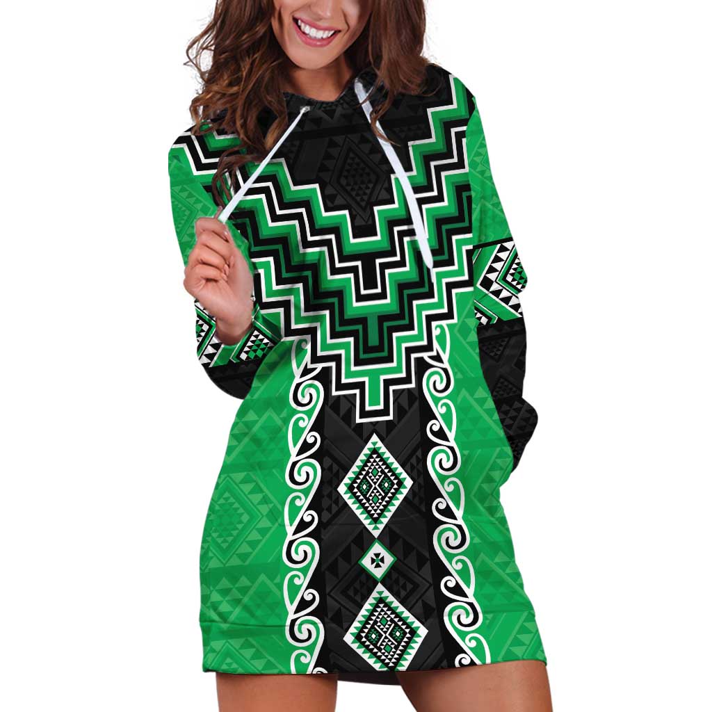 Green Niho Taniwha Mix Poutama Hoodie Dress Unique Taniko Aotearoa LT01 Green - Polynesian Pride
