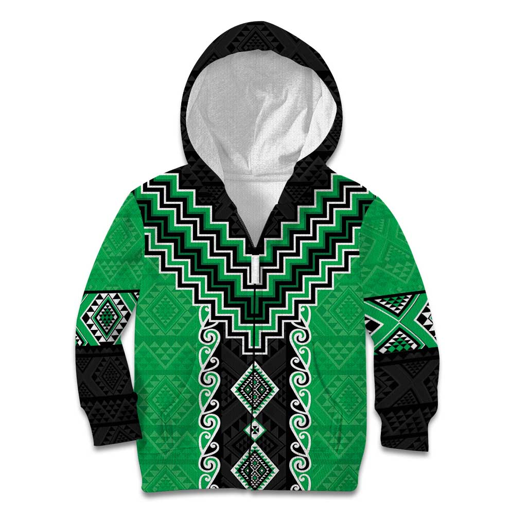Green Niho Taniwha Mix Poutama Kid Hoodie Unique Taniko Aotearoa