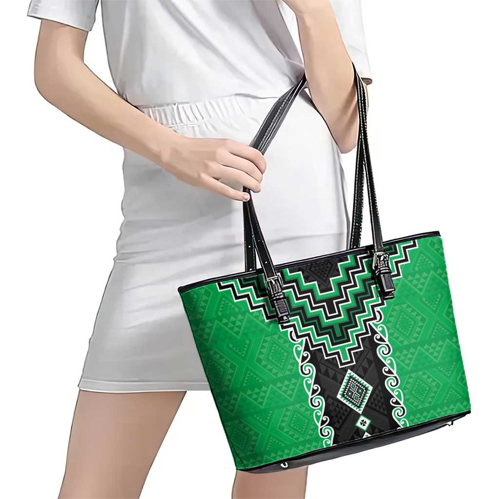 Green Niho Taniwha Mix Poutama Leather Tote Bag Unique Taniko Aotearoa
