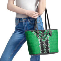 Green Niho Taniwha Mix Poutama Leather Tote Bag Unique Taniko Aotearoa