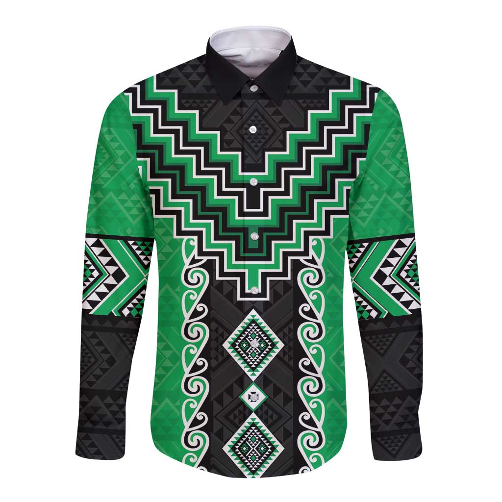 Green Niho Taniwha Mix Poutama Long Sleeve Button Shirt Unique Taniko Aotearoa LT01 Unisex Green - Polynesian Pride