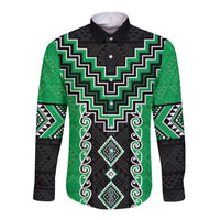 Green Niho Taniwha Mix Poutama Long Sleeve Button Shirt Unique Taniko Aotearoa LT01 Unisex Green - Polynesian Pride