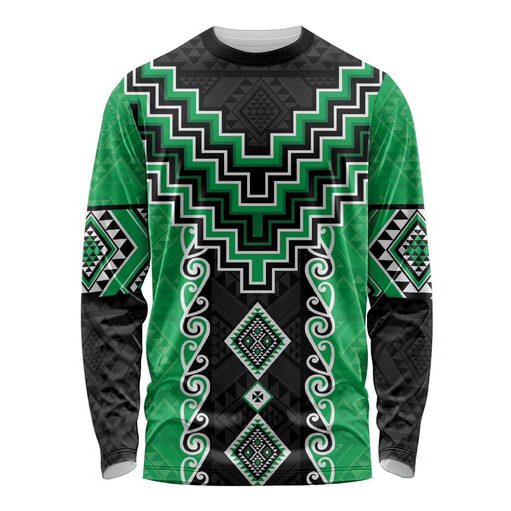 Green Niho Taniwha Mix Poutama Long Sleeve Shirt Unique Taniko Aotearoa LT01 Unisex Green - Polynesian Pride
