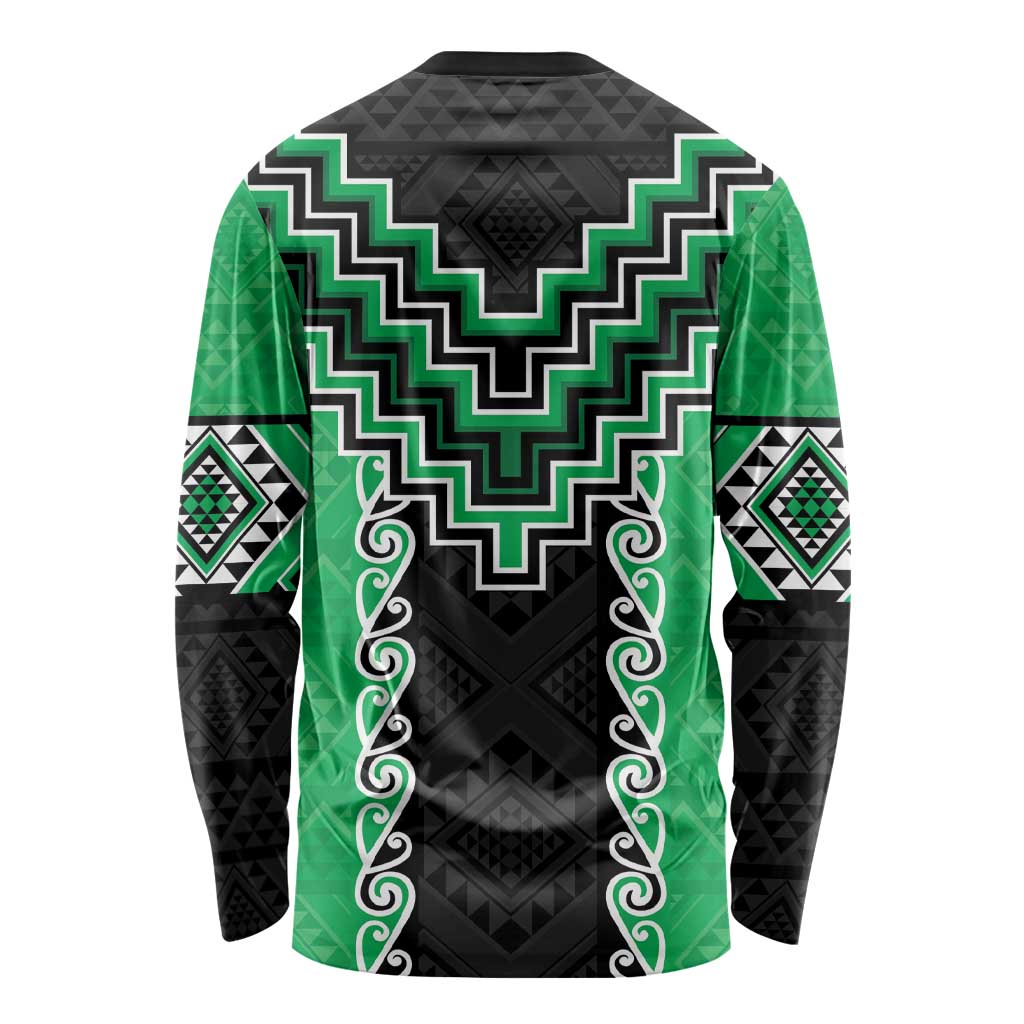 Green Niho Taniwha Mix Poutama Long Sleeve Shirt Unique Taniko Aotearoa LT01 - Polynesian Pride