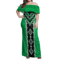 Green Niho Taniwha Mix Poutama Off Shoulder Maxi Dress Unique Taniko Aotearoa LT01 Women Green - Polynesian Pride