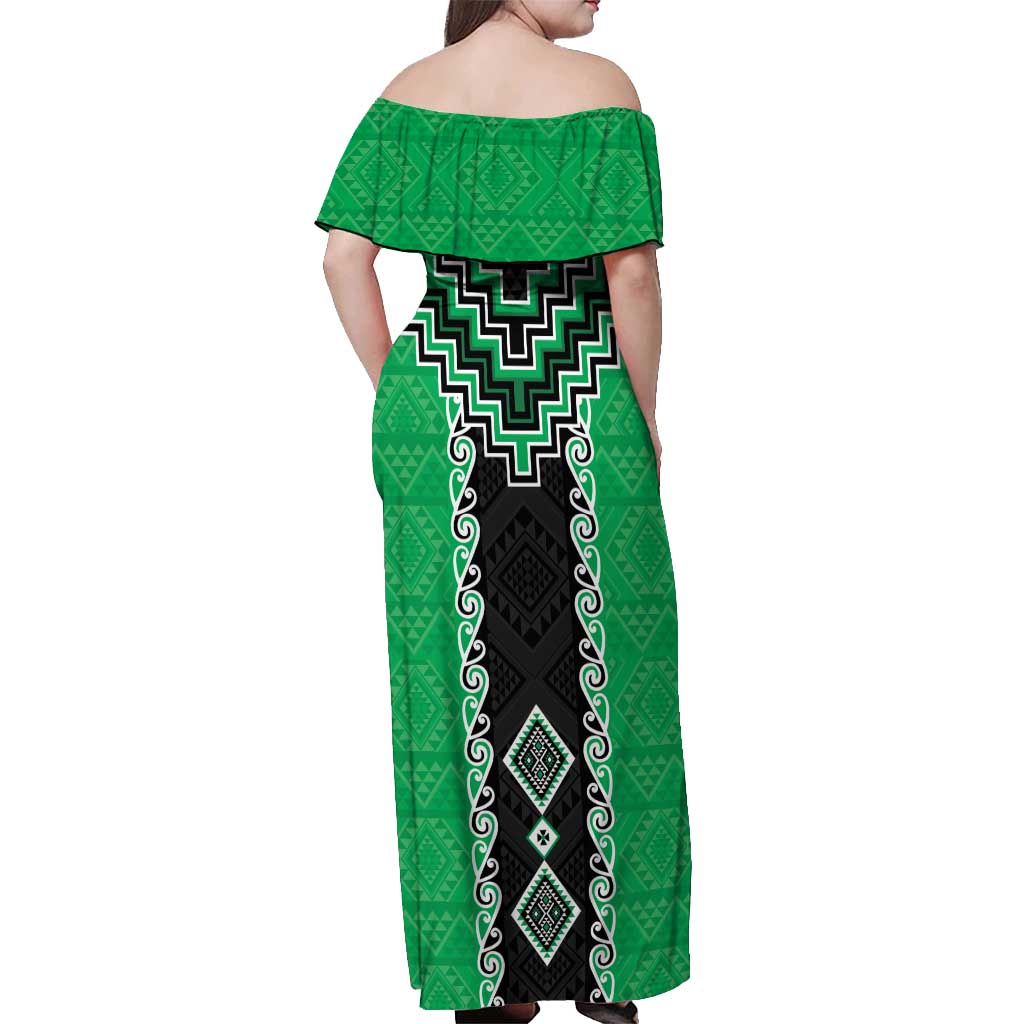Green Niho Taniwha Mix Poutama Off Shoulder Maxi Dress Unique Taniko Aotearoa LT01 - Polynesian Pride