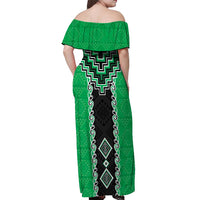 Green Niho Taniwha Mix Poutama Off Shoulder Maxi Dress Unique Taniko Aotearoa LT01 - Polynesian Pride