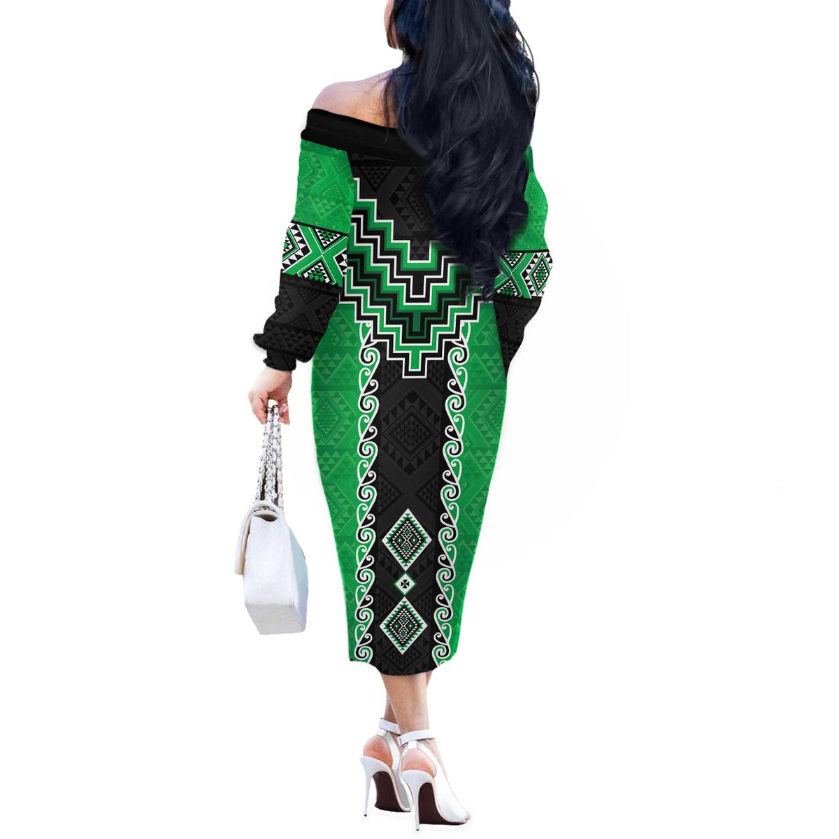 Green Niho Taniwha Mix Poutama Off The Shoulder Long Sleeve Dress Unique Taniko Aotearoa