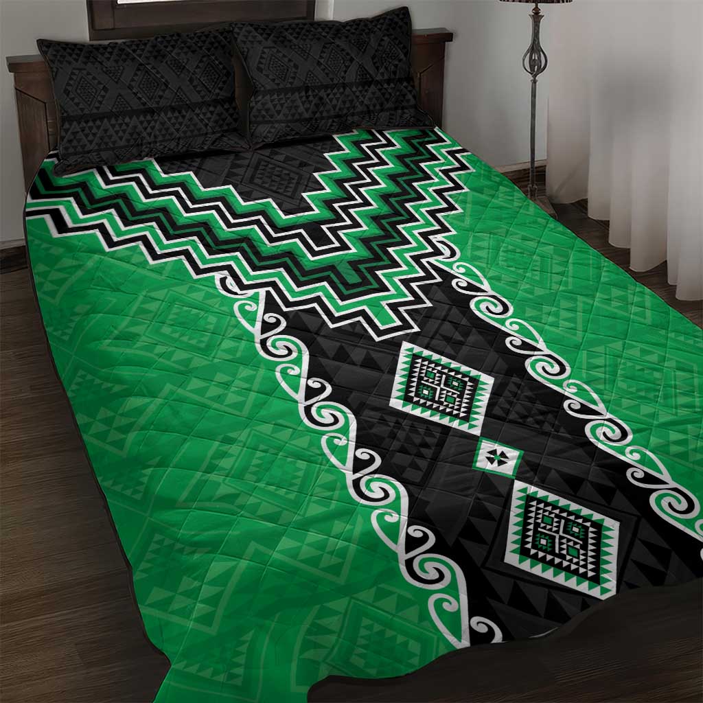 Green Niho Taniwha Mix Poutama Quilt Bed Set Unique Taniko Aotearoa