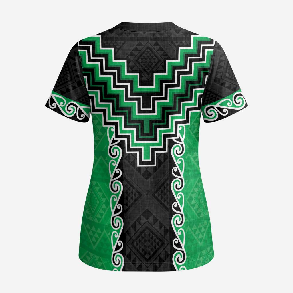 Green Niho Taniwha Mix Poutama Scrub Top Unique Taniko Aotearoa LT01 - Polynesian Pride