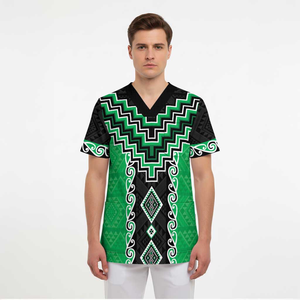 Green Niho Taniwha Mix Poutama Scrub Top Unique Taniko Aotearoa LT01 - Polynesian Pride
