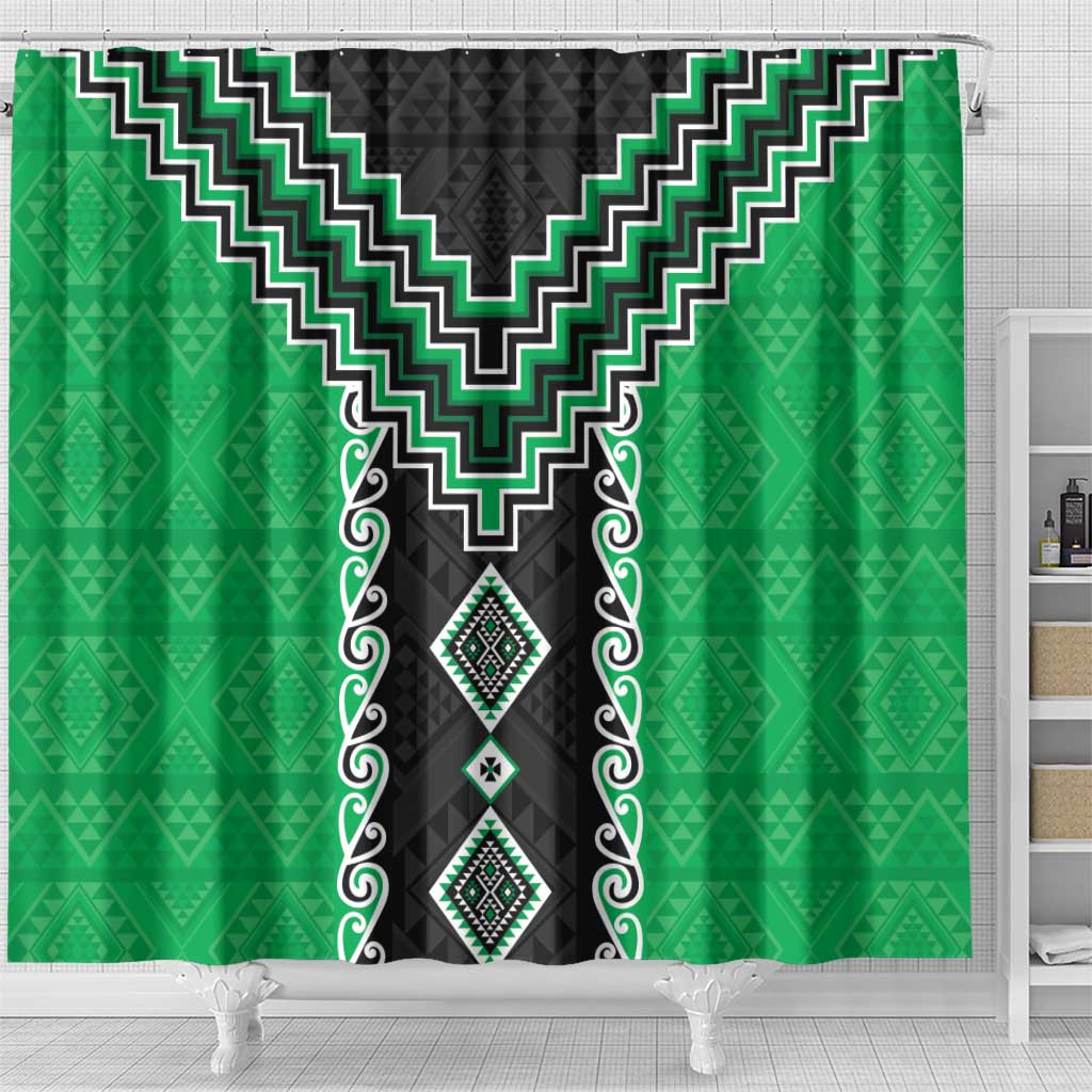 Green Niho Taniwha Mix Poutama Shower Curtain Unique Taniko Aotearoa