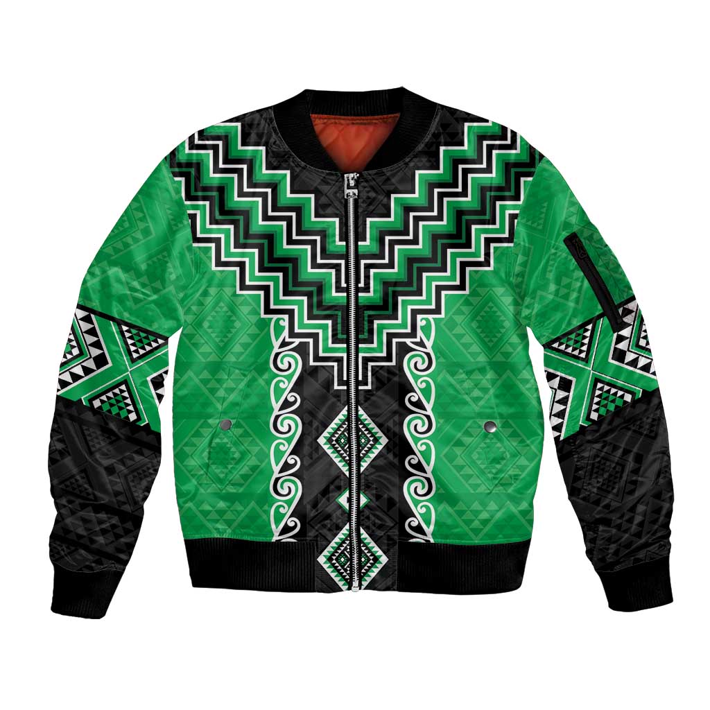 Green Niho Taniwha Mix Poutama Sleeve Zip Bomber Jacket Unique Taniko Aotearoa