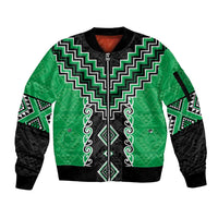 Green Niho Taniwha Mix Poutama Sleeve Zip Bomber Jacket Unique Taniko Aotearoa