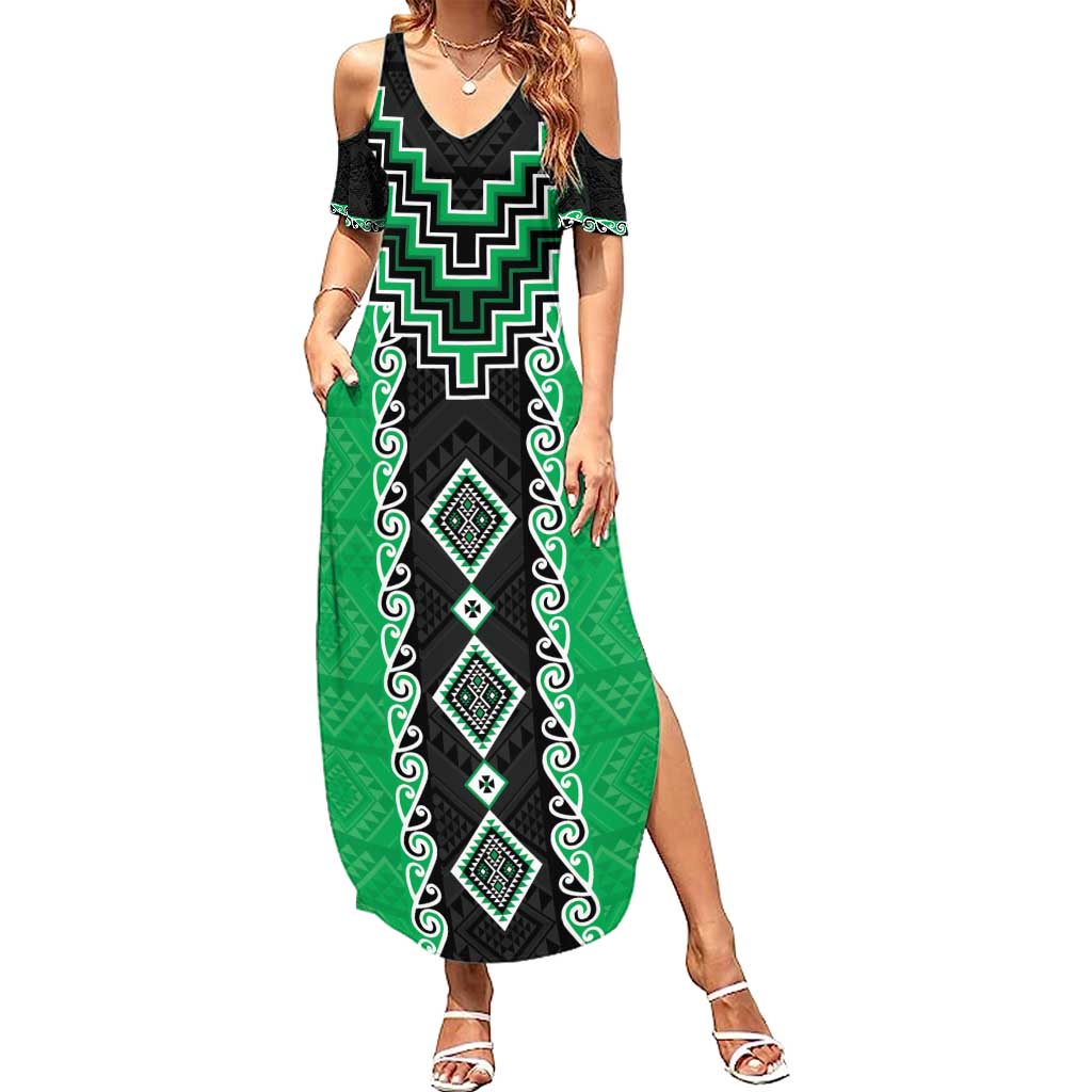 Green Niho Taniwha Mix Poutama Summer Maxi Dress Unique Taniko Aotearoa