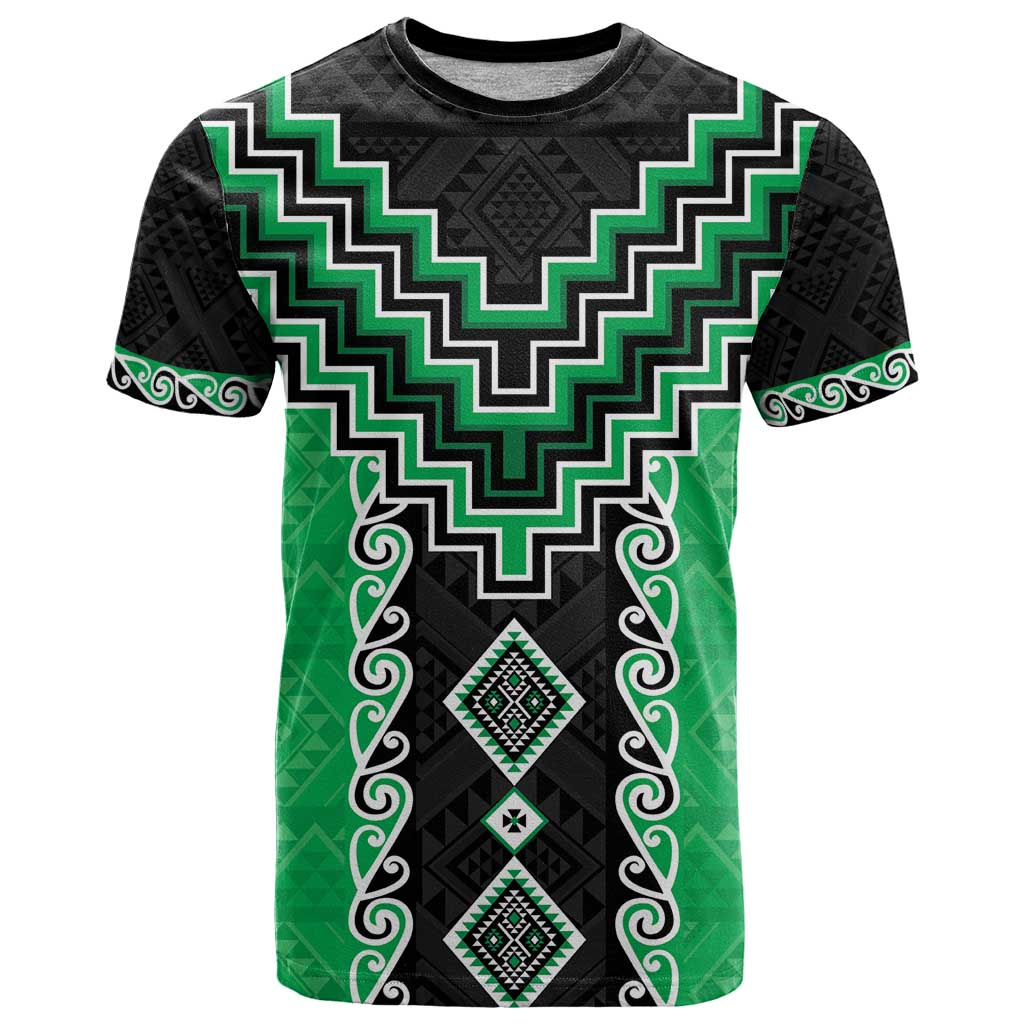 Green Niho Taniwha Mix Poutama T Shirt Unique Taniko Aotearoa