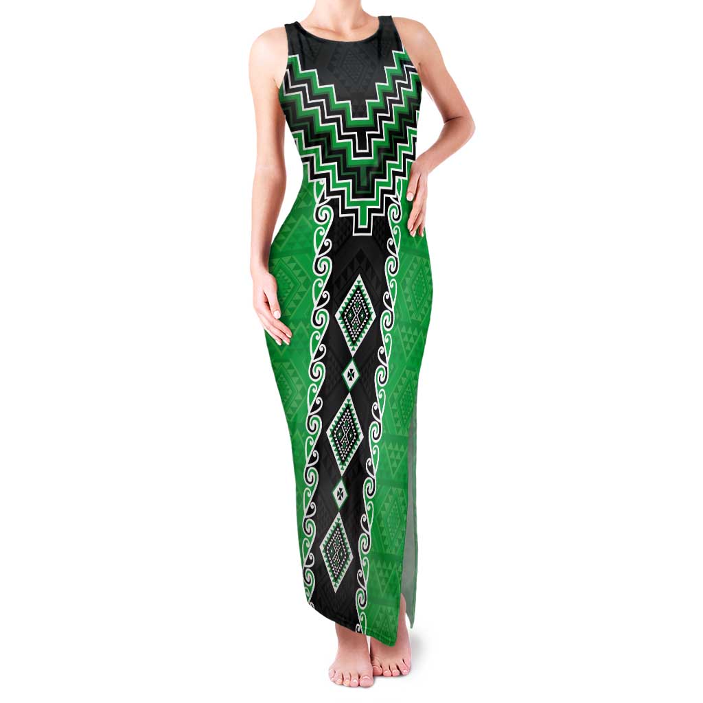 Green Niho Taniwha Mix Poutama Tank Maxi Dress Unique Taniko Aotearoa LT01 Women Green - Polynesian Pride