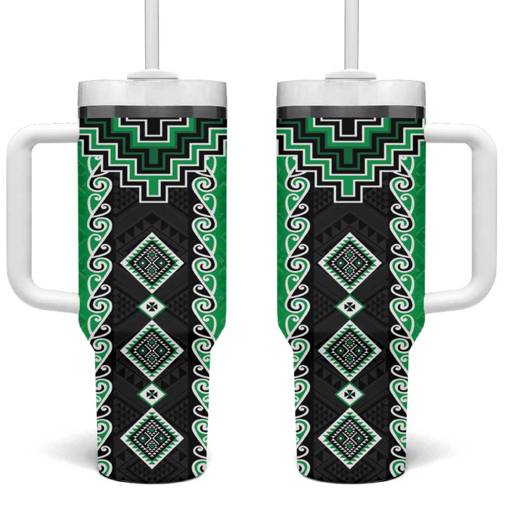 Green Niho Taniwha Mix Poutama Tumbler With Handle Unique Taniko Aotearoa LT01 One Size: 40 oz Green - Polynesian Pride