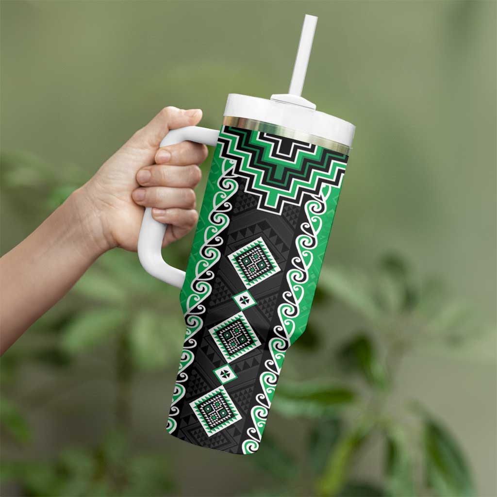 Green Niho Taniwha Mix Poutama Tumbler With Handle Unique Taniko Aotearoa LT01 - Polynesian Pride