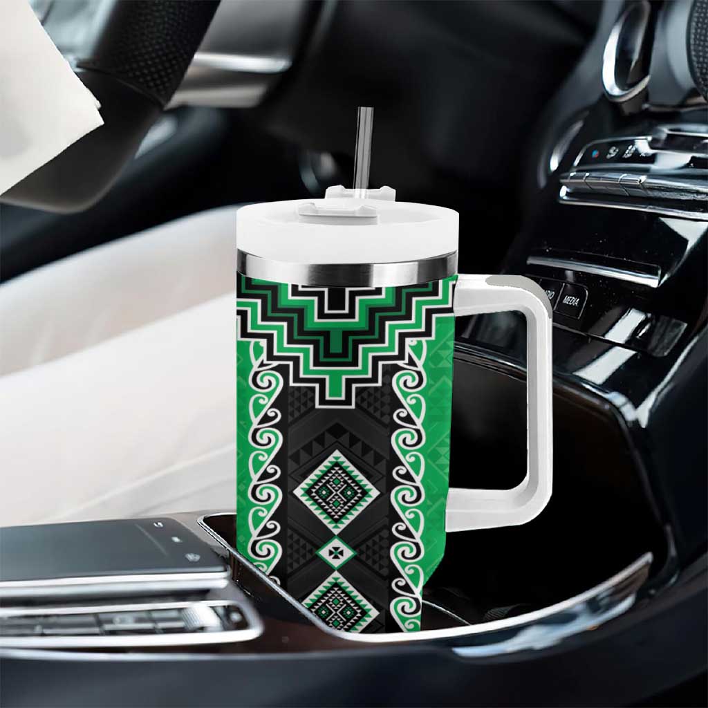 Green Niho Taniwha Mix Poutama Tumbler With Handle Unique Taniko Aotearoa LT01 - Polynesian Pride
