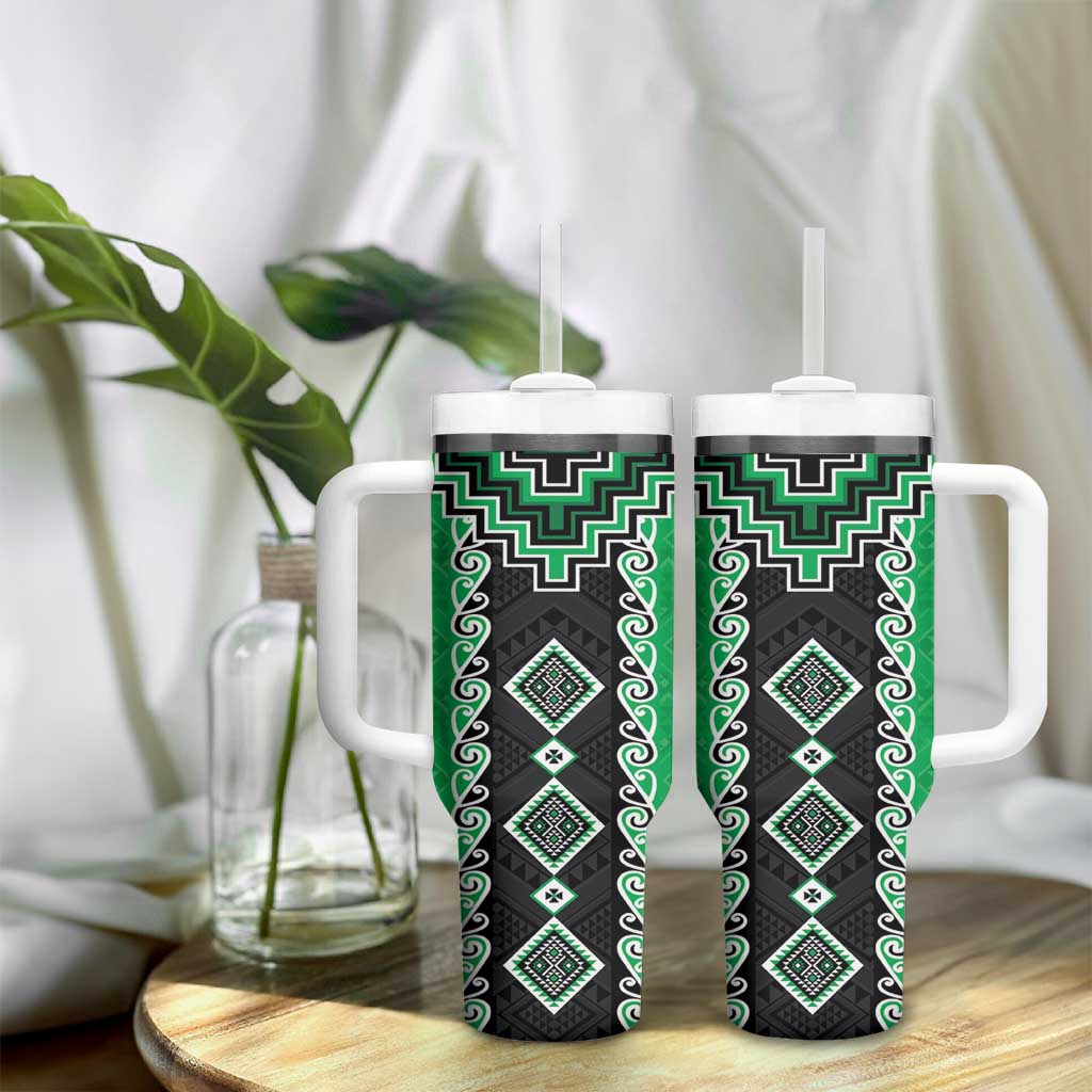 Green Niho Taniwha Mix Poutama Tumbler With Handle Unique Taniko Aotearoa LT01 - Polynesian Pride