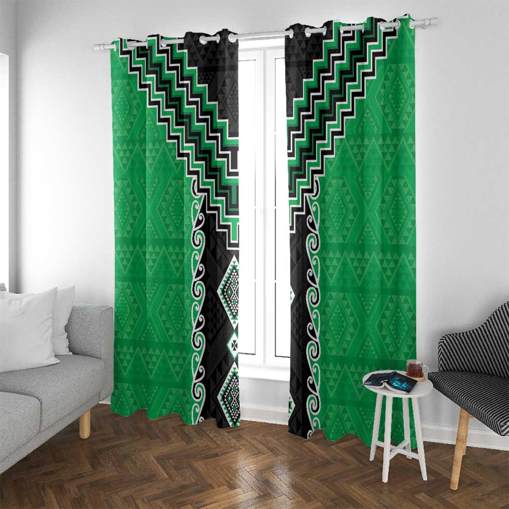 Green Niho Taniwha Mix Poutama Window Curtain Unique Taniko Aotearoa LT01 With Grommets Green - Polynesian Pride
