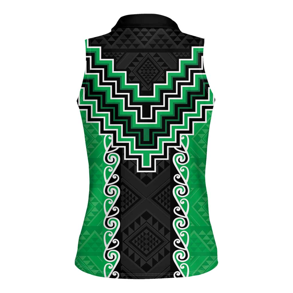 Green Niho Taniwha Mix Poutama Women Sleeveless Polo Shirt Unique Taniko Aotearoa