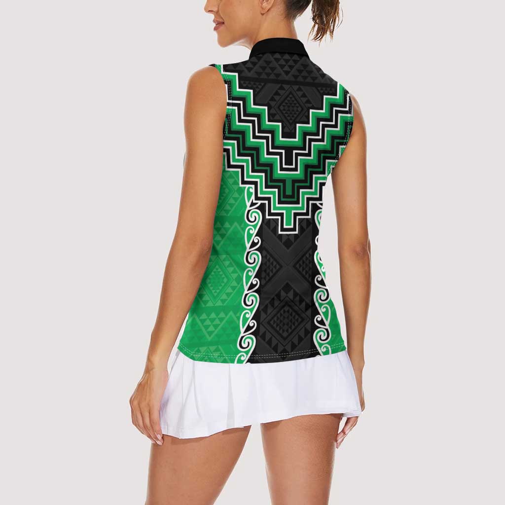 Green Niho Taniwha Mix Poutama Women Sleeveless Polo Shirt Unique Taniko Aotearoa