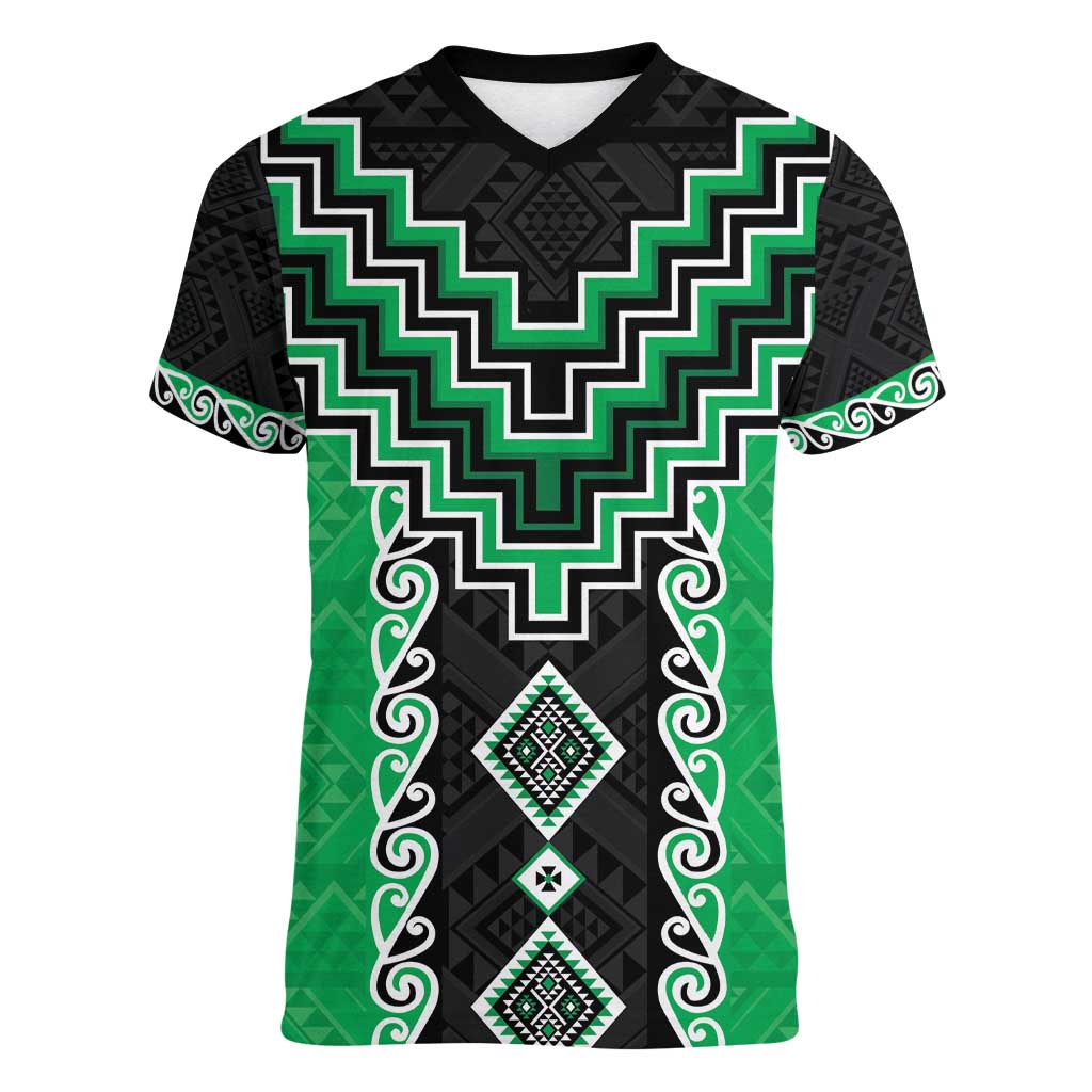Green Niho Taniwha Mix Poutama Women V-Neck T-Shirt Unique Taniko Aotearoa LT01 Female Green - Polynesian Pride