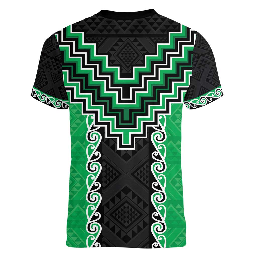 Green Niho Taniwha Mix Poutama Women V-Neck T-Shirt Unique Taniko Aotearoa LT01 - Polynesian Pride