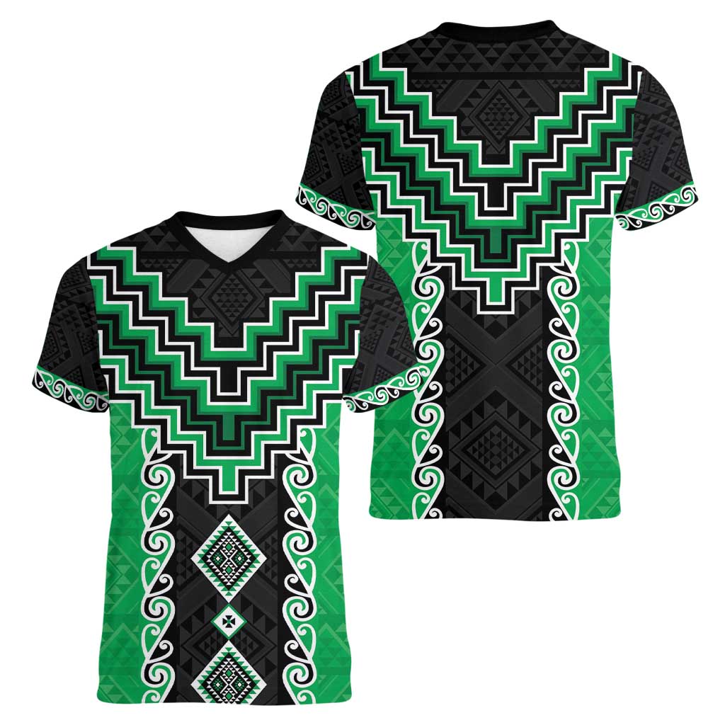 Green Niho Taniwha Mix Poutama Women V-Neck T-Shirt Unique Taniko Aotearoa LT01 - Polynesian Pride
