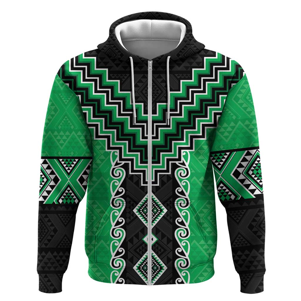 Green Niho Taniwha Mix Poutama Zip Hoodie Unique Taniko Aotearoa
