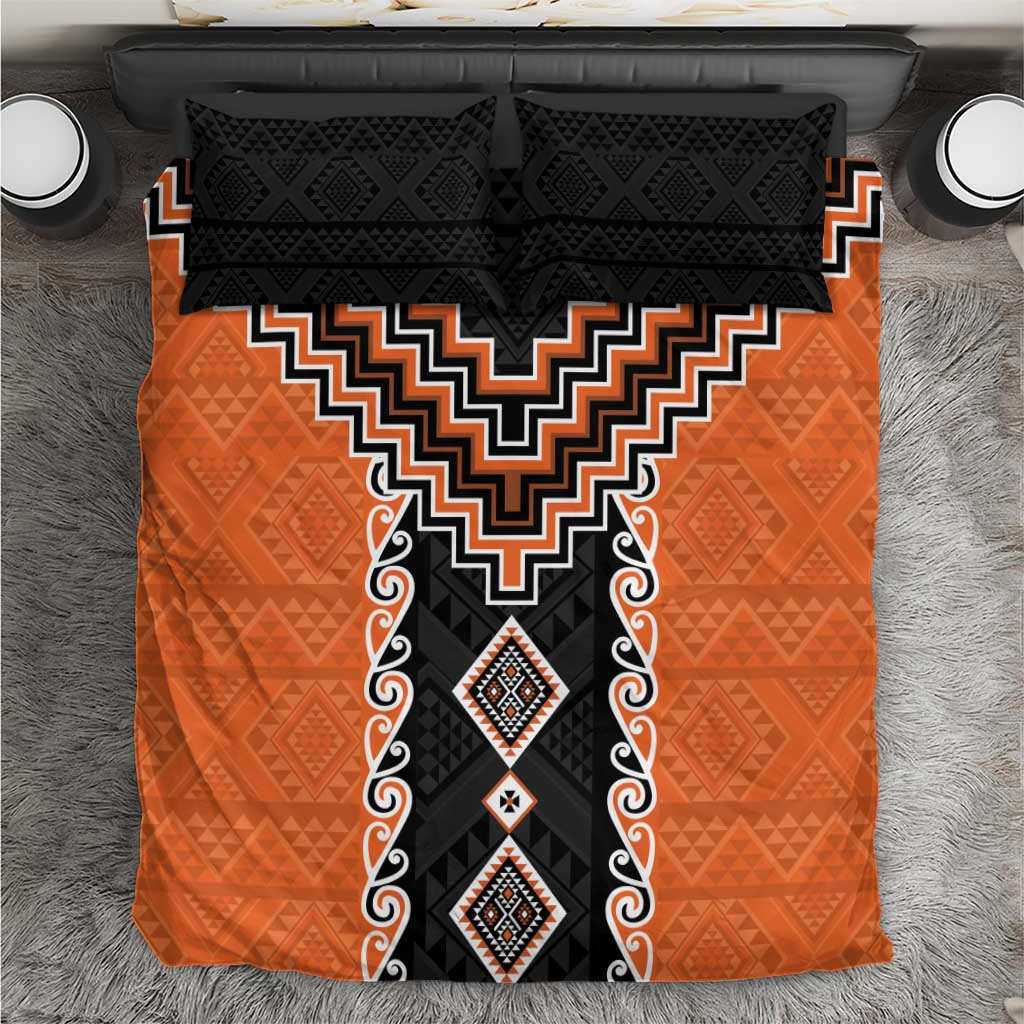 Orange Niho Taniwha Mix Poutama Bedding Set Unique Taniko Aotearoa