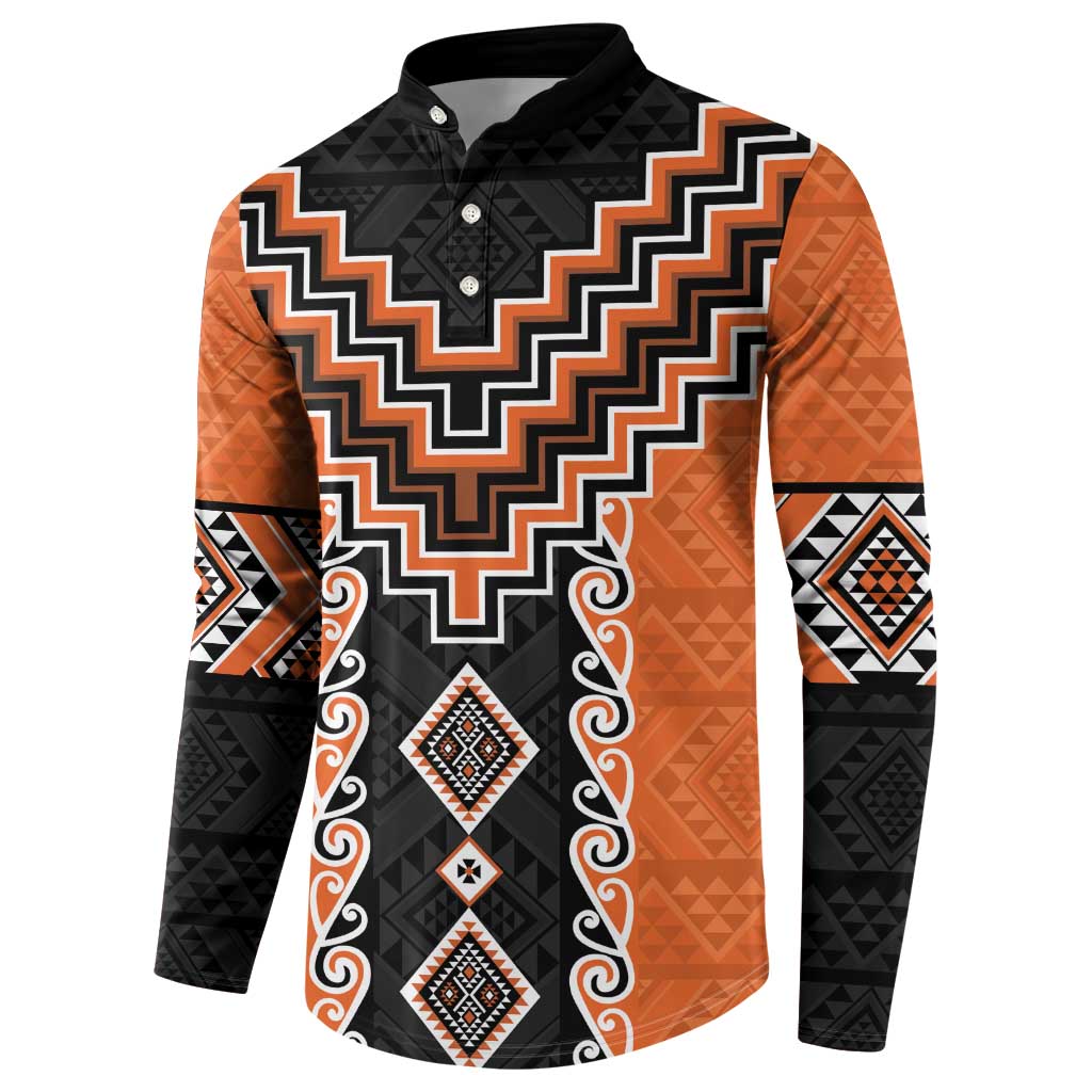 Orange Niho Taniwha Mix Poutama Button Sweatshirt Unique Taniko Aotearoa LT01 - Polynesian Pride
